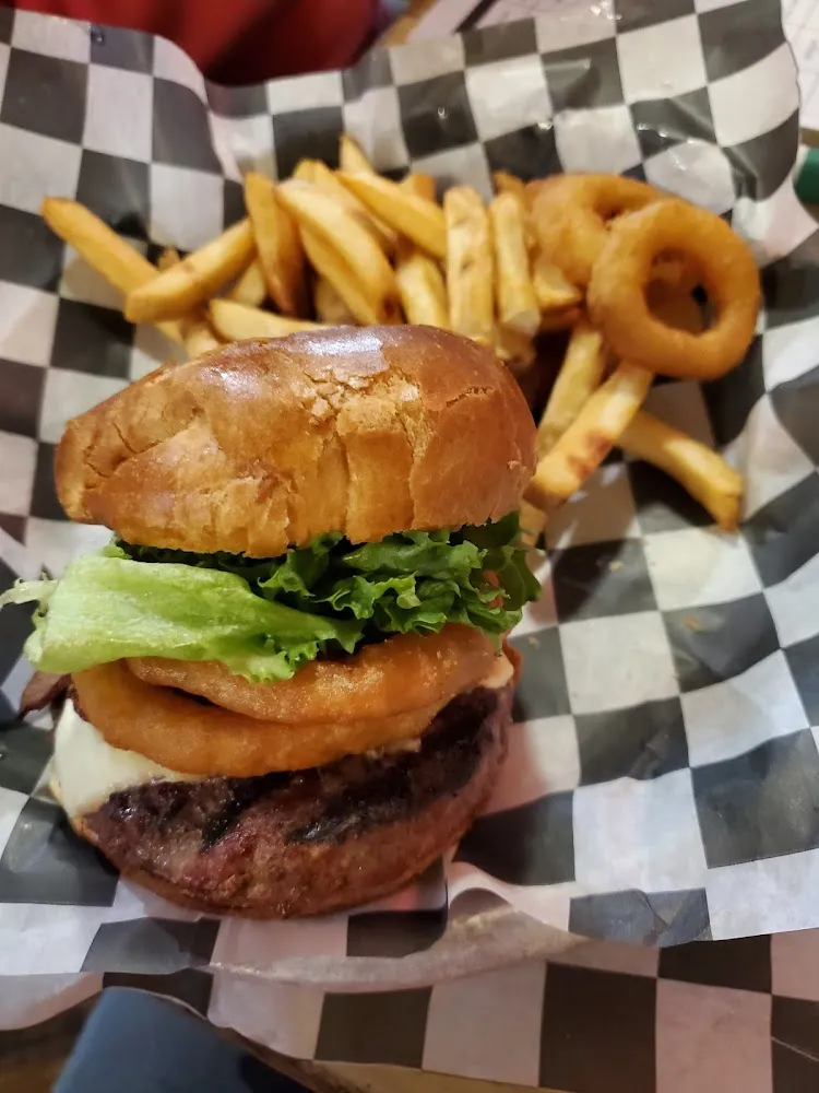 Cheeseburger and Fries with a Side of Onion Rings